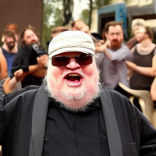 Prompt: george rr martin screaming at computer