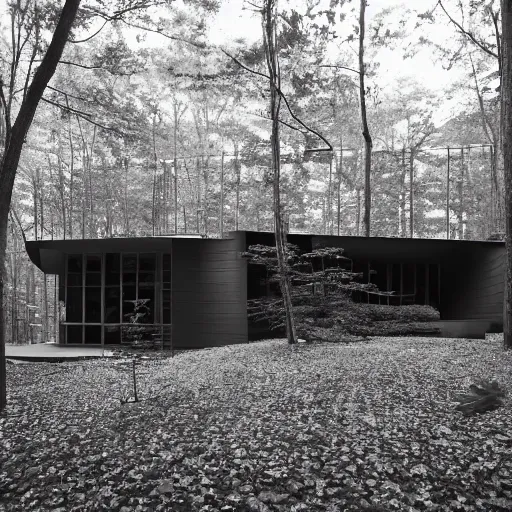 Image similar to architecture ad for a mid-century modern house in the middle of the forrest, designed by Frank Gehry. Film grain, cinematic, grayscale, yellow hue