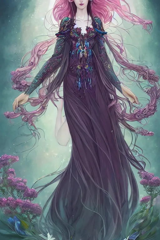 Prompt: fullbody artwork of a pretty goddess of dreams, wearing a long flowery dress, intricate, prism, flowey, wispy, wide hips, attractive character, gothic, intangible, dreamy, Character concept by Charlie Bowater, Anna Dittmann, WLOP, Rumiko Takahashi, Akihiko Yoshida, Hyung-tae Kim, alexander mcqueen, trending on Artstation