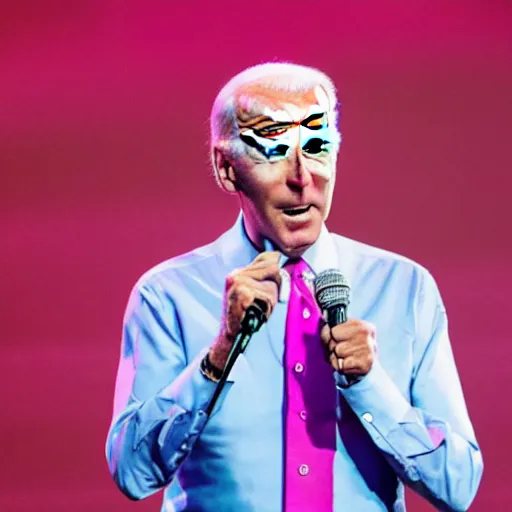 Prompt: photo of joe biden wearing a pink outfit singing into a microphone on a stage at a live concert, exciting, 8 k, very detailed,