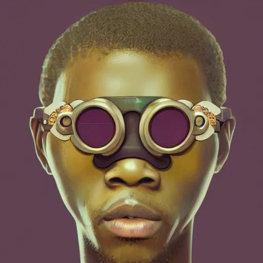 Image similar to colourful vfx upper half - 3 d portrait - art of a nigerian boy wearing steam punk goggles, art by utagawa kunisada, james jean & alphonse mucha, symmetrical, intricate detail, concept art, volumetric light, ray tracing, caricature, digital illustration, octane 3 d render, unreal engine, sharp, pinterest, behance, art station,