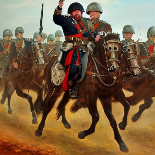 Image similar to general boris johnson leading his men into battle, glorified image, 8k, oil painting, photo realisitc face