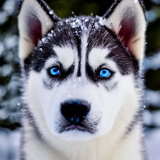 Image similar to A husky puppy with heterochromia , snowy environment, detailed close-up, 4k photo