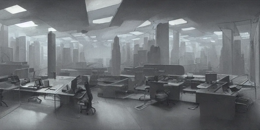 Prompt: a dystopian office interior with huge holographic displays everywhere, beksinski and syd mead cinematic matte painting