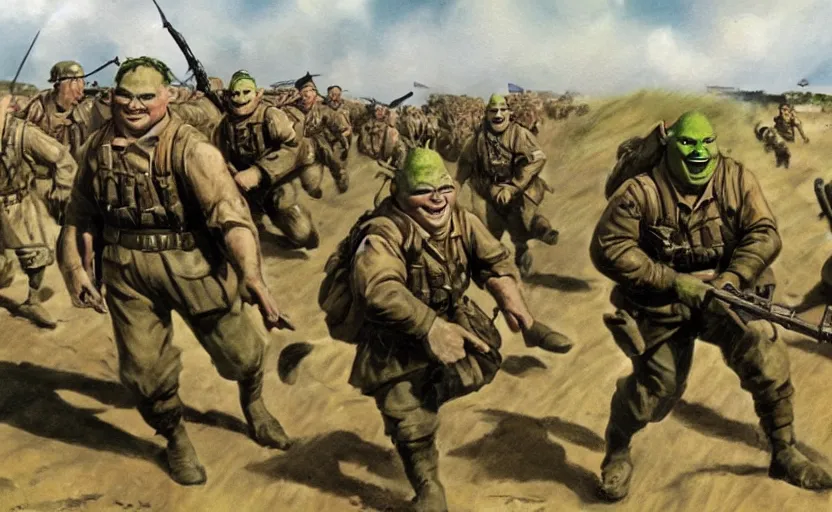 Image similar to Photo of Shrek leading the 1944 Omaha beach charge, photography by Robert F. Sargent, Normandy, D-Day, very detailed, realistic