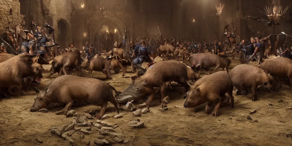 Image similar to Wild boars in masonic lodge during a medieval battle in Portlligat, telltale style, realistic 4k octane beautifully detailed render, 4k post-processing, highly detailed, intricate complexity, epic composition, magical atmosphere, cinematic lighting, masterpiece, ultra hd