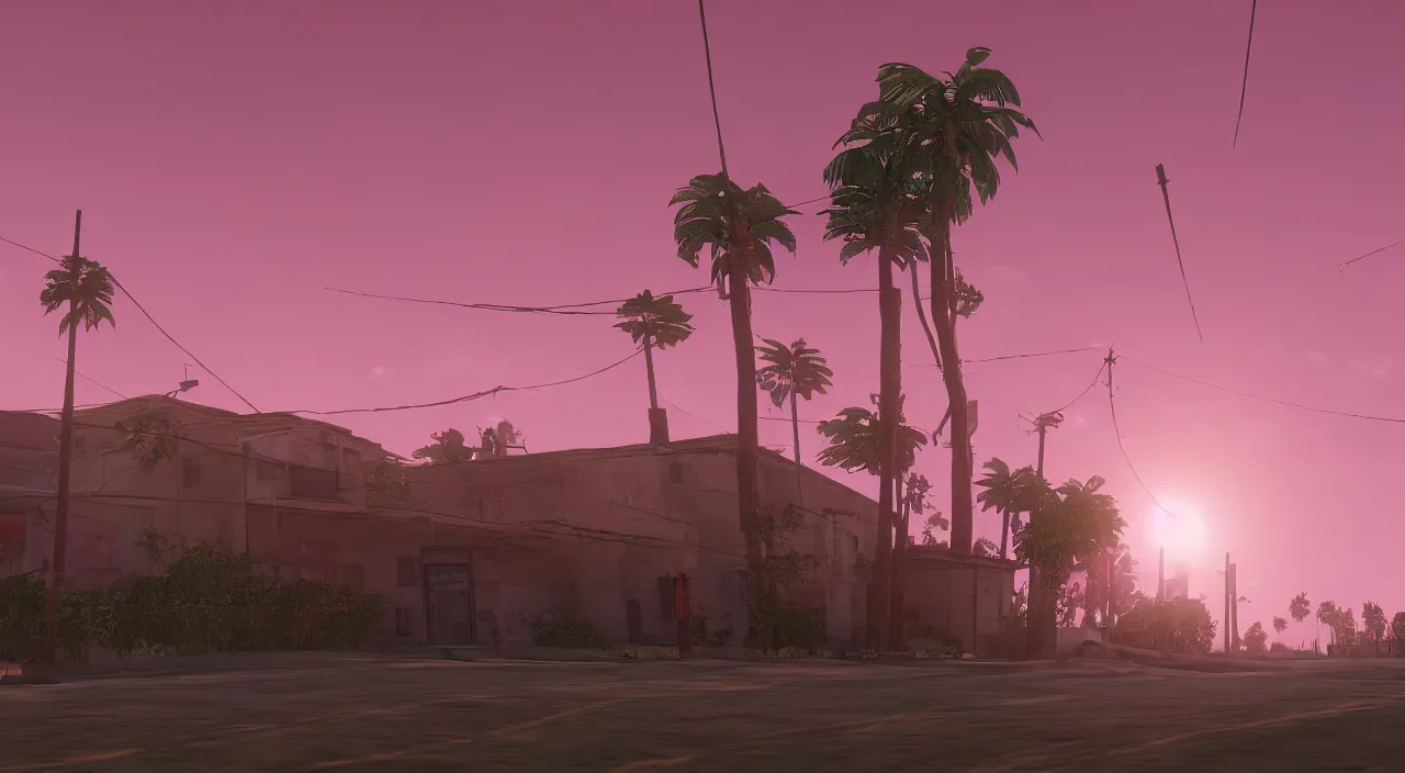 Image similar to gta san andreas evening, pink sky, photorealistic, hyper detailed, hyper realistic, houdini, vfx, unreal engine 5, octane render, 8 k