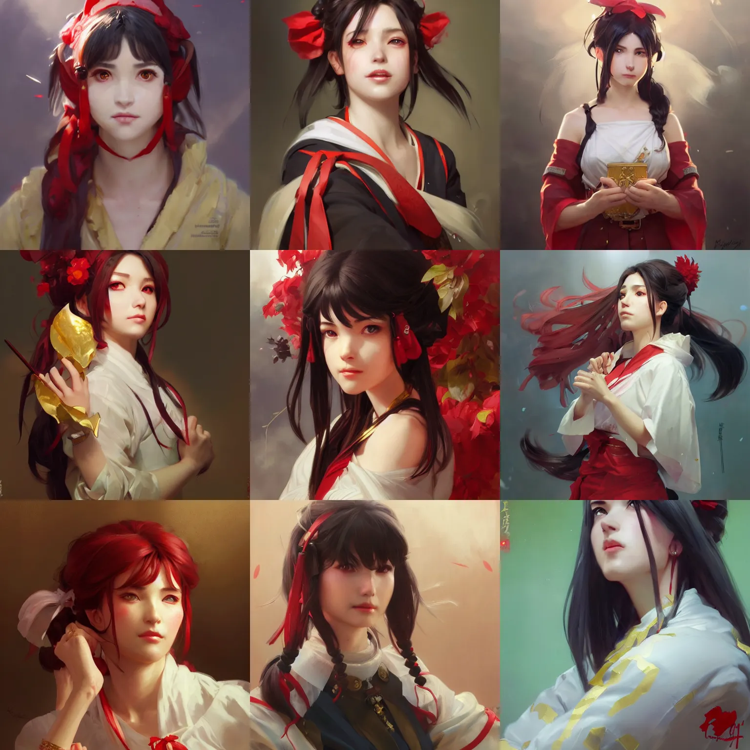 Prompt: a portrait painting of reimu hakurei, by greg rutkowski, artgerm, wlop, ruan jia, krenz cushart, alphonse mucha, marble, gold, unreal engine 5