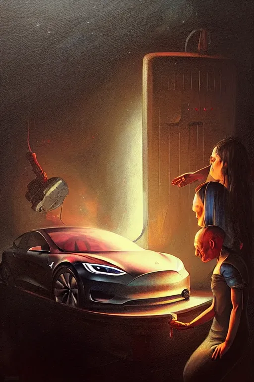 Image similar to hieronymus bosch, greg rutkowski, anna podedworna, painting of a elon musk doing heroin while driving a tesla into an orphanage