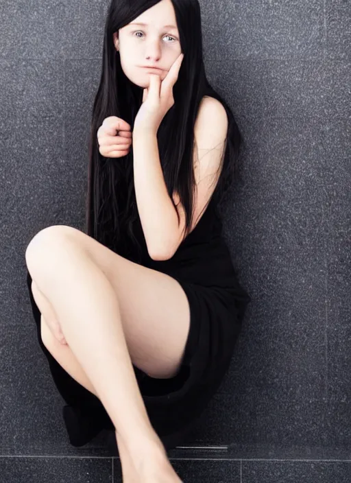 Image similar to a 1 4 year old girl with straight long black hair wearing black dress that sitting on bathroom floor