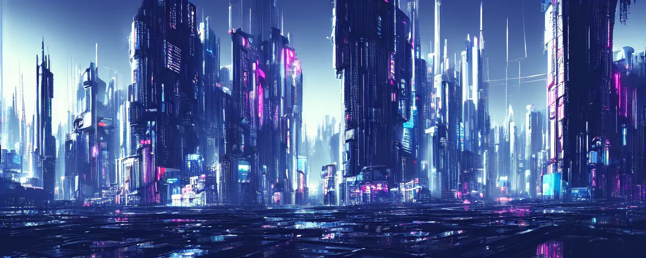 Image similar to A cyberpunk cityscape, by Tokujin Yoshioka, landscape, dramatic lighting, high contrast colors, panoramic view, as trending on Artstation, highly detailed,