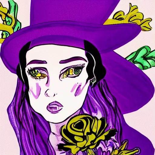 Image similar to the xenomorph queen wearing a purple floral dress and purple wide rimmed hat