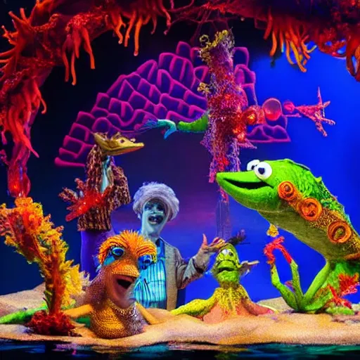 Image similar to a cast of aquatic puppets based on real fish and aiming to bring awareness to ocean and oil pollution, in the style of muppets, in an aquarium, lighting and character design from spongebob the musical on broadway, real, photograph, cinematic