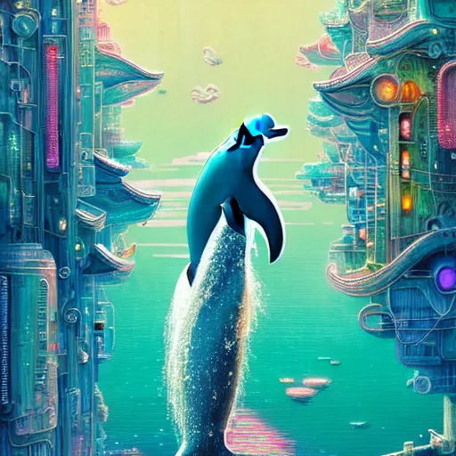 Image similar to a beautiful hyperdetailed character design 4 k wallpaper illustration of a cute dolphin, city by the sea, victo ngai cyberpunk style, from china, style of studio ghibli, makoto shinkai, raphael lacoste, louis comfort tiffany, artgerm, james jean, ross tran, chinese style