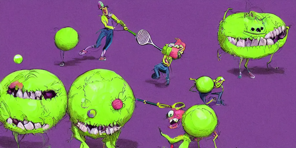 Prompt: tennis ball monsters playing on a tennis court, purple, digital art, fantasy, magic, chalk, chalked, trending on artstation, ultra detailed, detailed, fine details, professional illustration by basil gogos