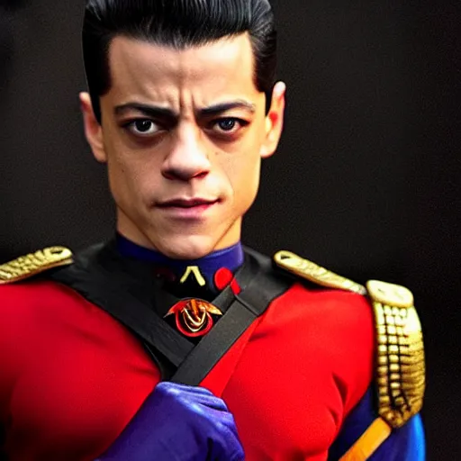 Prompt: stunning photograph of rami malek as m bison from street fighter highly detailed