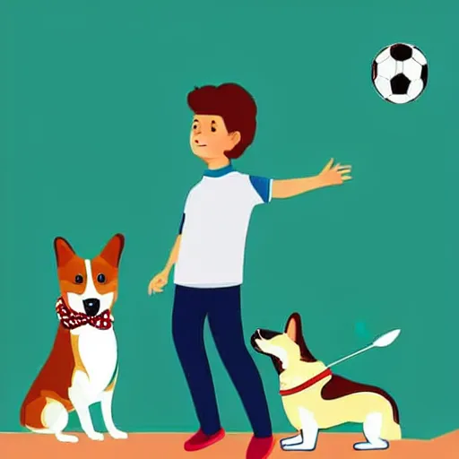 Image similar to illustration of french boy in paris playing football against a corgi, the dog is wearing a polka dot scarf