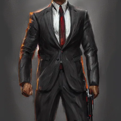 Image similar to portrait of an agent in a suit armed with a kriss vector, D&D, fantasy, elegant, hopeful, muscular, highly detailed, digital painting, artstation, concept art, smooth, sharp focus, illustration