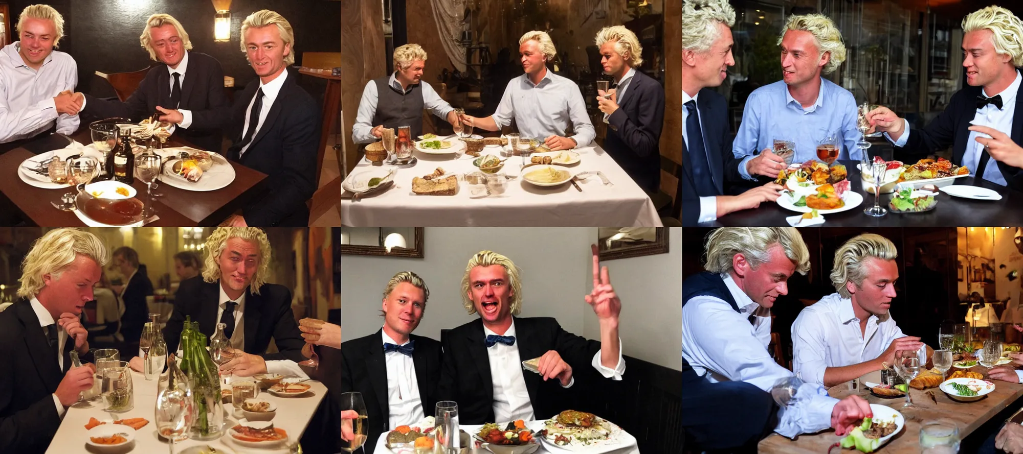 Prompt: Jort Kelder having a romantic dinner with Geert Wilders