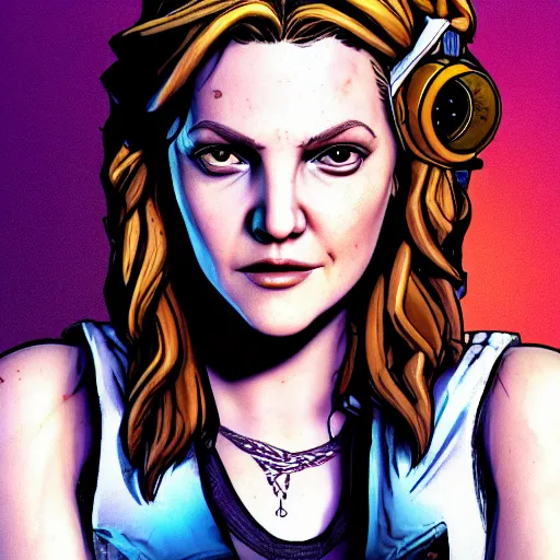 Prompt: drew barrymore portrait, borderlands, tales from the borderlands, the wolf among us, comic, cinematic lighting, studio quality, 8 k