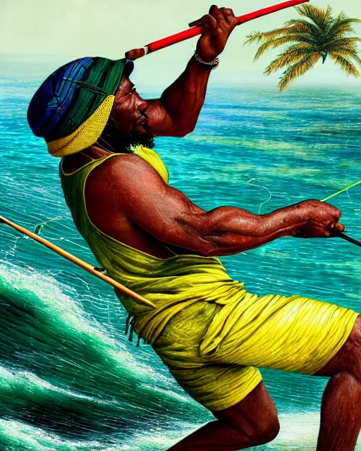 Image similar to Fisherman, Jamaican Male Fisherman, casting fishing rod into the sea, Illustration, Third-Person View, Depth of Field, Colorful with Yellow Green Black Red, calico cloth, insanely detailed and intricate, hypermaximalist, jamaican vibe, hyper realistic, super detailed, by Charlie Bowater, by Karol Bak