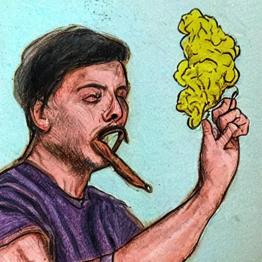 Prompt: the feeling i get when i get my hands on some damiana and am able to smoke it, self - portrait, sketch, color restoration, sharpen, refined spontaneity