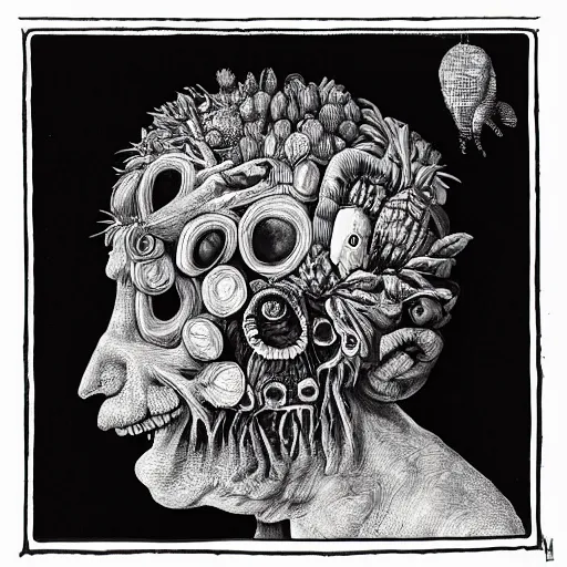 Image similar to punk album cover, no face, psychedelic, black and white, giuseppe arcimboldo