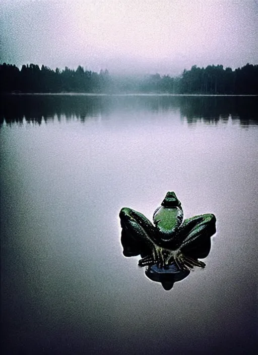Image similar to “semitranslucent smiling frog amphibian vertically hovering over misty lake waters in Jesus Christ pose, low angle, long cinematic shot by Andrei Tarkovsky, paranormal, eerie, mystical”
