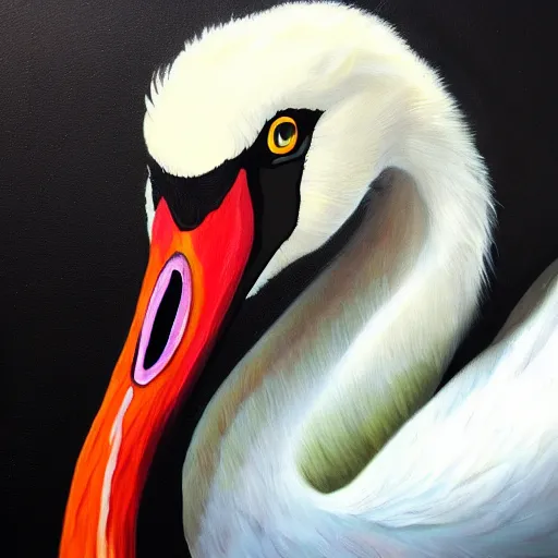 Image similar to hyperrealistic evil swan demon with long curly feathers, gritty horror oil painting, ultra detailed and disturbing