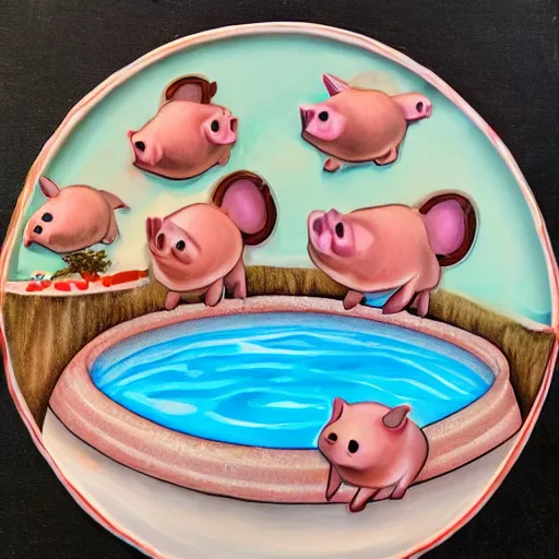 Prompt: a pool party with pigs swimming in sausage gravy, acrylic