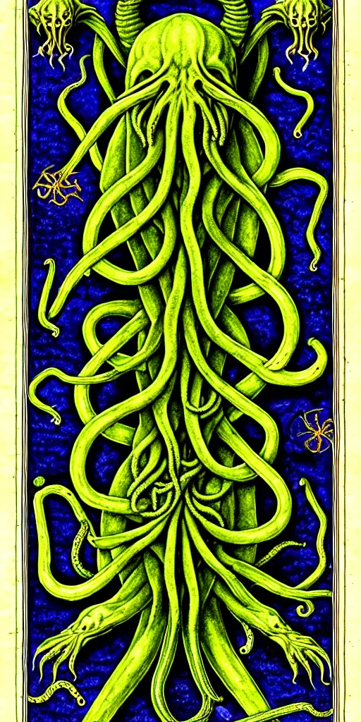 Image similar to cthulhu cross section scientific illustration biology book, highly detailed, style of illuminated manuscript codex