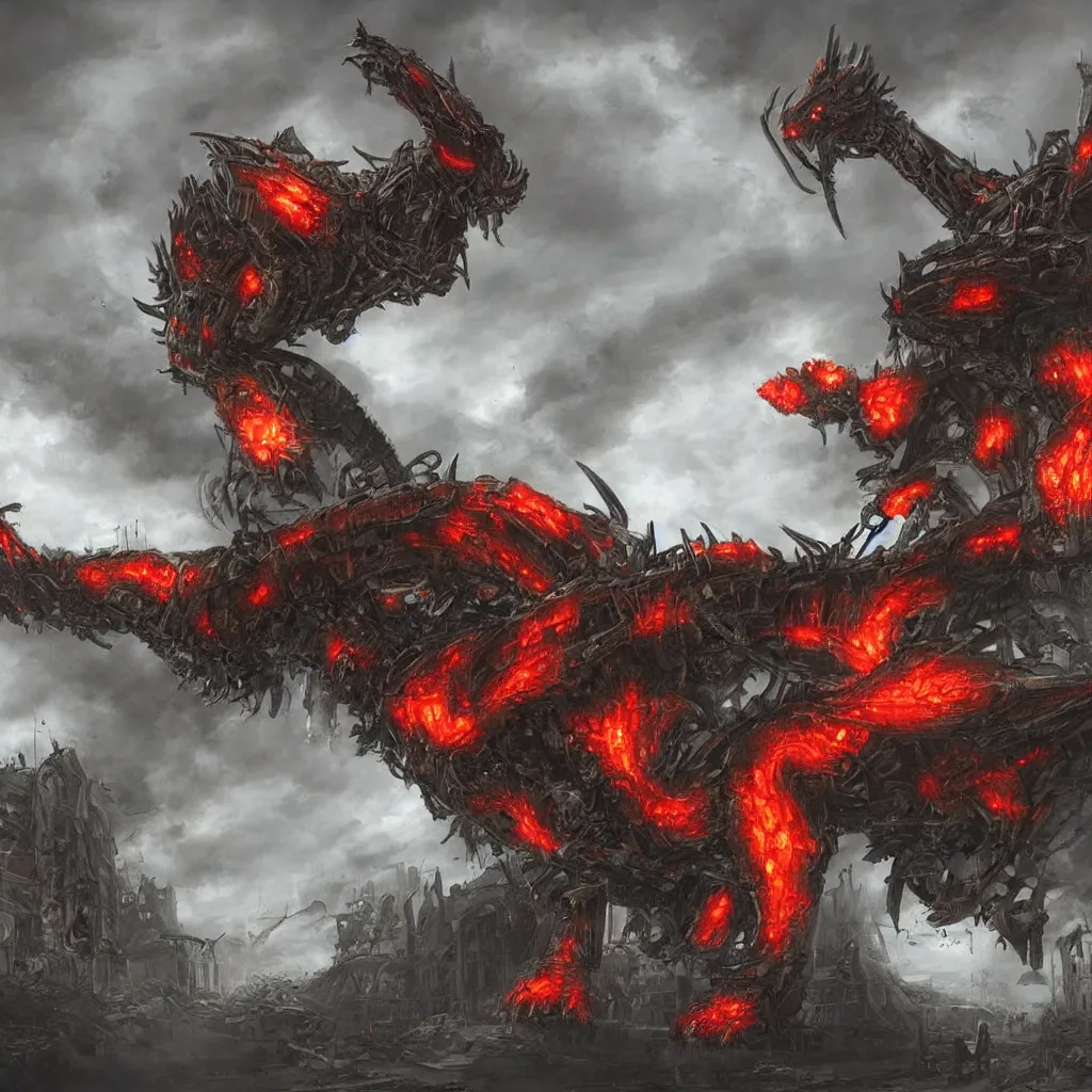 Prompt: high quality art of a giant mechanized dragon in an apocalyptic future, made of solid armored plates throughout the body, having 4 limbs and 4 talons on each foot, and glowing fiery red eyes, climbing over a destroyed building in a hazy radioactive atmosphere, roaring with an epic pose into the air as the building crumbles under the weight. furaffinity, deviantart, artstation, high quality