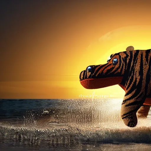 Image similar to a closeup photorealistic photograph of a cute smiling knitted tiger hippopotamus chasing a beachball at sunset. surf in the background. professional capture. this 4 k hd image is trending on artstation, featured on behance, well - rendered, extra crisp, features intricate detail, epic composition and the style of unreal engine.