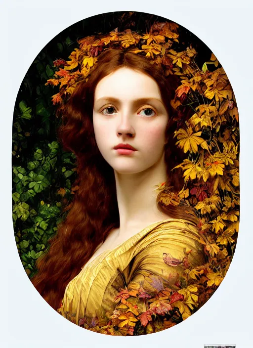 Prompt: masterpiece beautiful seductive flowing curves preraphaelite face portrait amongst leaves, extreme close up shot, straight bangs, thick set features, yellow ochre ornate medieval dress, raven, laying amongst foliage mushroom forest circle arch, frederic leighton and kilian eng and rosetti, 4 k