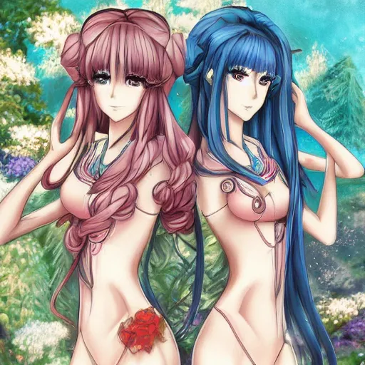 Prompt: two identical beautiful female mages standing face to face, full of detail, gorgeous anime art