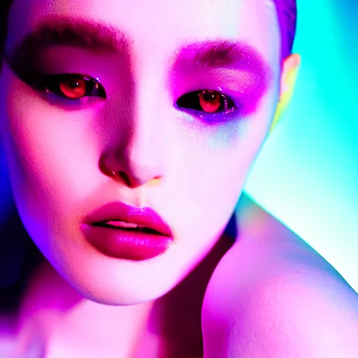 Prompt: high fashion photography of a model in neo futurism white sci - fi neon light led makup, transparent cloth, beautifully lit