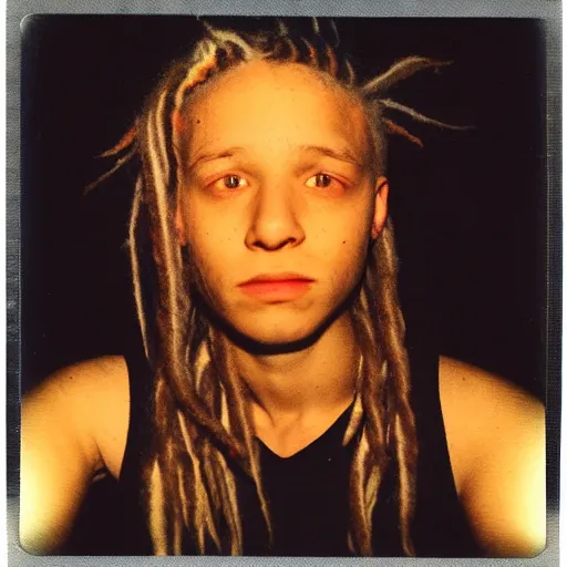 Image similar to a boy with colored dread hair in dark room flash, polaroid effect!!!