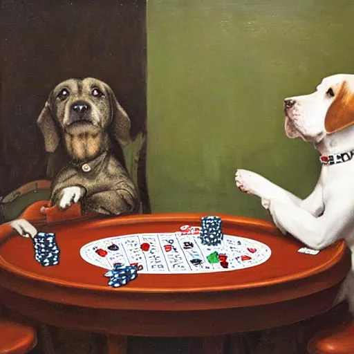 Prompt: a dog playing poker