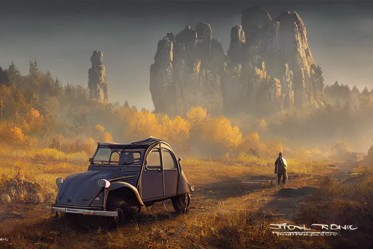 Image similar to offroad citroen 2 cv ( 1 9 6 5 ) driving across the rift, riften city in the background, epic fantasy, autumn, the elder scrolls v : skyrim, dramatic lighting, establishing shot, by simon stalenhag