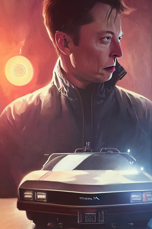 Prompt: elon musk as marty mcfly getting out of delorean, realistic portrait, symmetrical, highly detailed, digital painting, artstation, concept art, smooth, sharp focus, illustration, cinematic lighting, art by artgerm and greg rutkowski and alphonse mucha