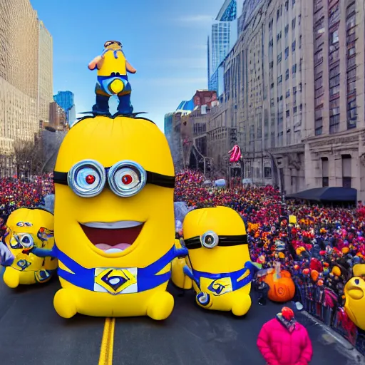 Prompt: photo of giant muscular minion parade float in the macys thanksgiving parade, detailed 4 k photo
