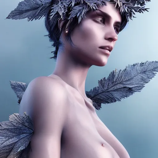 Prompt: a highly detailed digital image of a futuristic woman elegantly wrapped with leaves, by Andrea Chiampo, artstation, extremely detailed woman, stunning volumetric lighting, hyper realism, fantasy 4k