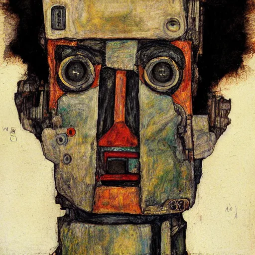 Image similar to portrait of a robot by egon schiele in the style of greg rutkowski