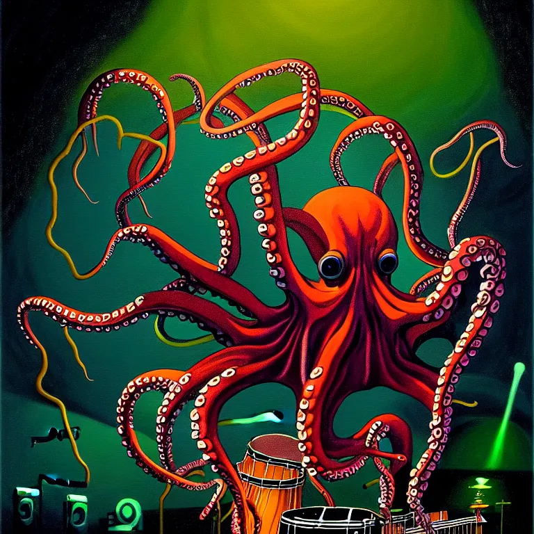 Image similar to a beautiful painting by gerald brom of an octopus playing drums and telecaster guitar in an electronic concert, touchdesigner background, concert light, dark mood, warm neon lights