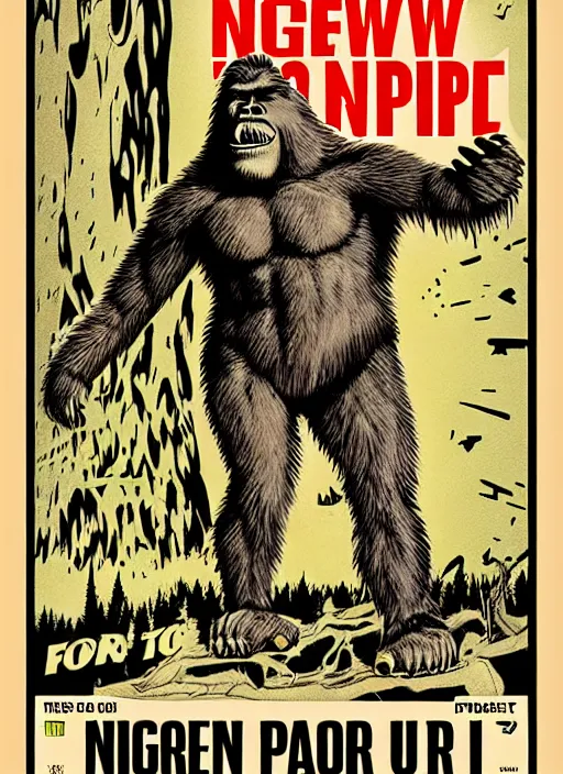 Prompt: bigfoot in retro sci fi pulp newsprint illustration cover