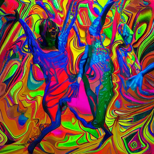 Prompt: liquid people dancing in a colorful room by lynda benglis, hyperrealistic, lightfull shadows, high detail, digital art