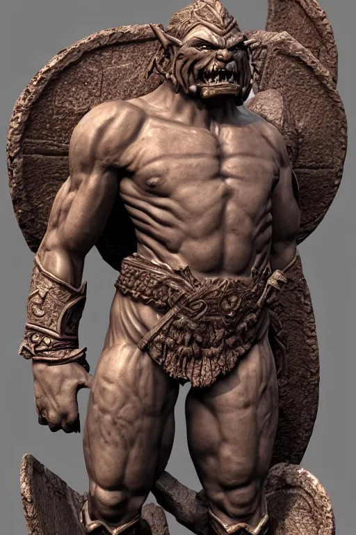 Image similar to ancient Greek statue of a orc warrior from world of Warcraft, highly detailed,3dsmax,blender, trending on artstation, realistic