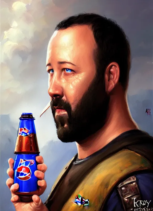 Image similar to a _ fantasy _ style _ portrait _ painting _ of burt kreischer drinking pepsi, rpg dnd oil _ painting _ unreal _ 5 _ daz. _ rpg _ portrait _ extremely _ detailed _ artgerm _ greg _ rutkowski _ greg