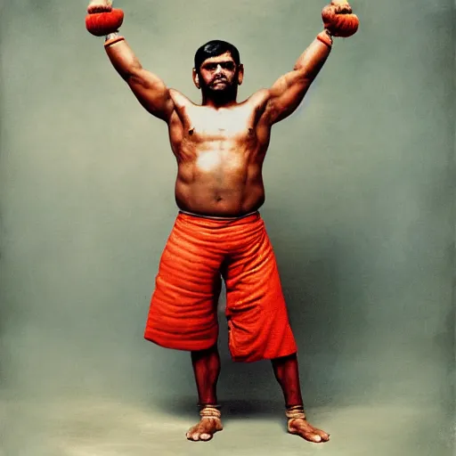 Image similar to color photo, portrait of indian kushti wrestler by richard avedon, realistic, Leica, medium format, cinematic lighting, parallax, high resolution,