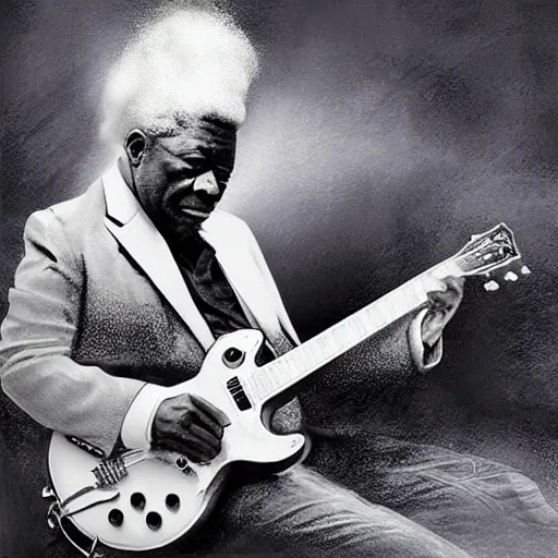 Prompt: b. b king, sitting in a fluffy cloud, playing an electric semi - hollow guitar. beautiful realistic digital art, dramatic, moody